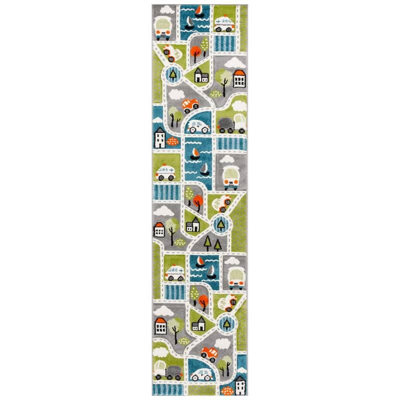 SAFAVIEH Carousel Kids Lumnie Neighborhood Rug - 2' x 8' Runner - Green/Grey