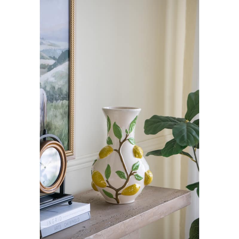 9x9x13.5" Round White Ceramic Vase with Vibrant Yellow Lemon Accents