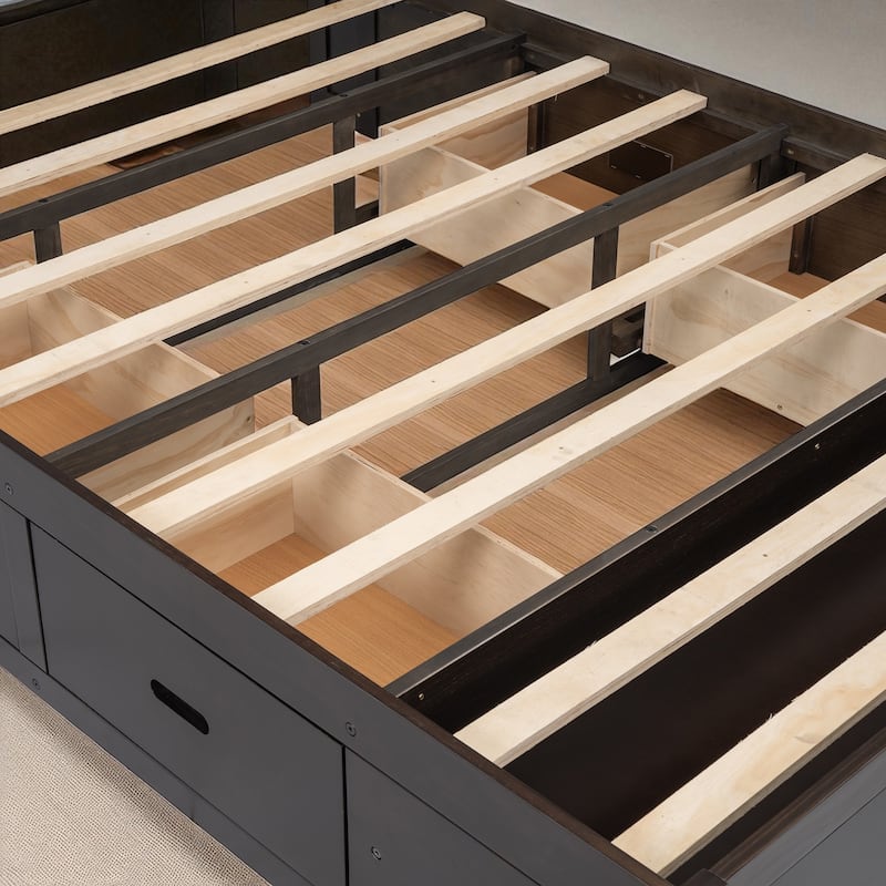 Queen Size Wooden Platform Bed with Upholstered Headboard, 4 Drawers, Storage Shelves & Shoe Rack
