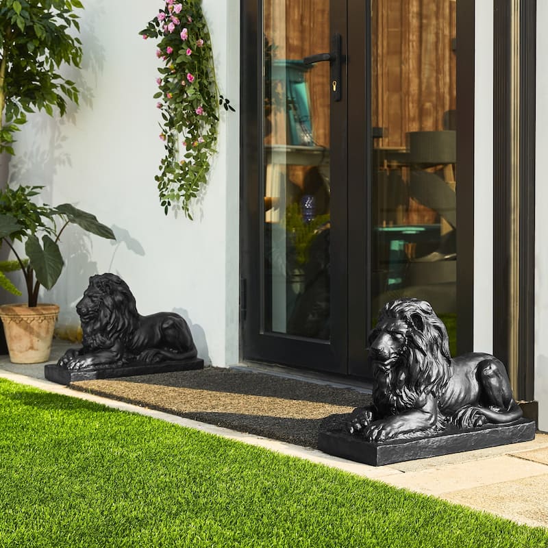 Glitzhome MGO Vintage Sitting & Lying Lion Guardian Garden Statue Porch Sculpture Indoor Outdoor - 2-Piece Black Lying Lions
