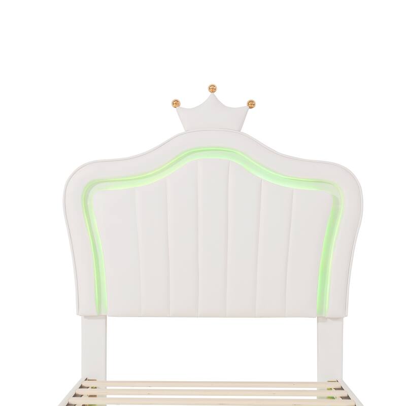 White Twin Upholstered Bed Frame with LED Lights and Crown Headboard, 12 Slats, 600 lbs Capacity