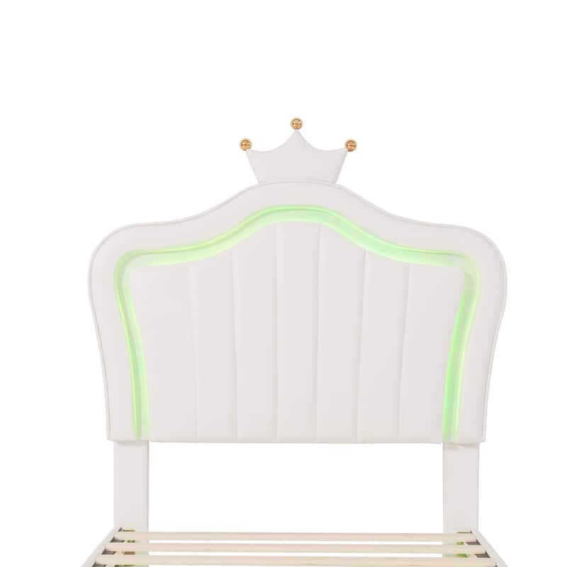 White Twin Upholstered Platform Bed with LED Crown Headboard - MDF, Plywood, PU, Metal, 600LBS Capacity