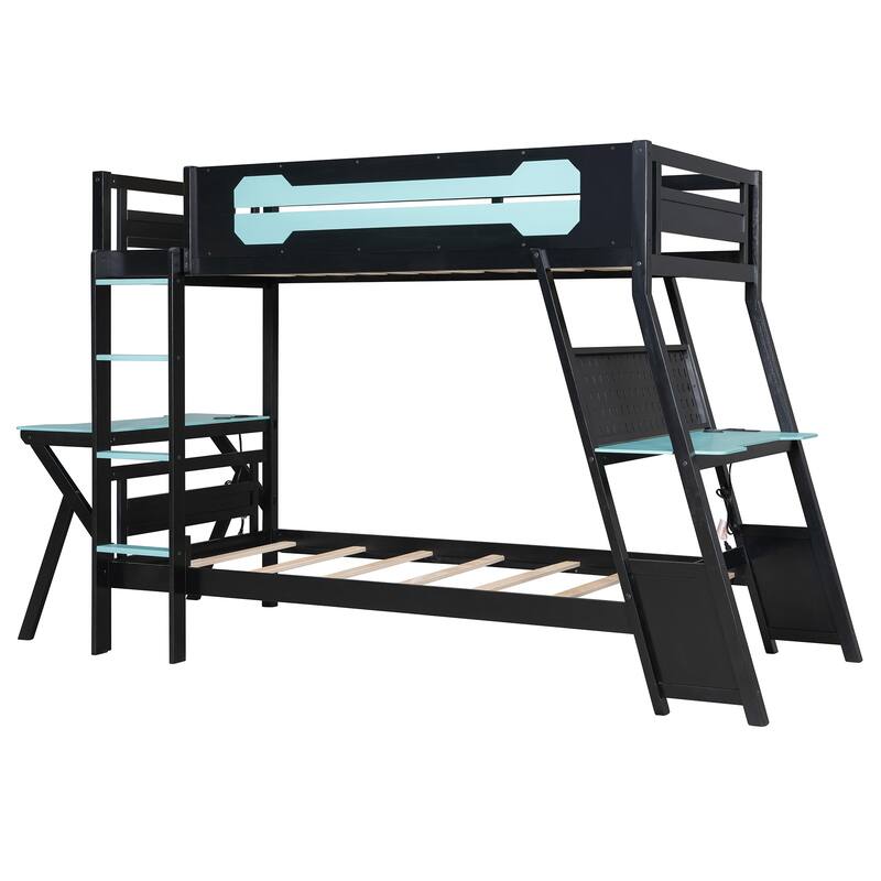 Gaming Bunk Bed Two Built-In Gaming Desks Each Side Loft Bed with USB Desktop Ports and Pegboard Organizer for Gaming Room Gamer