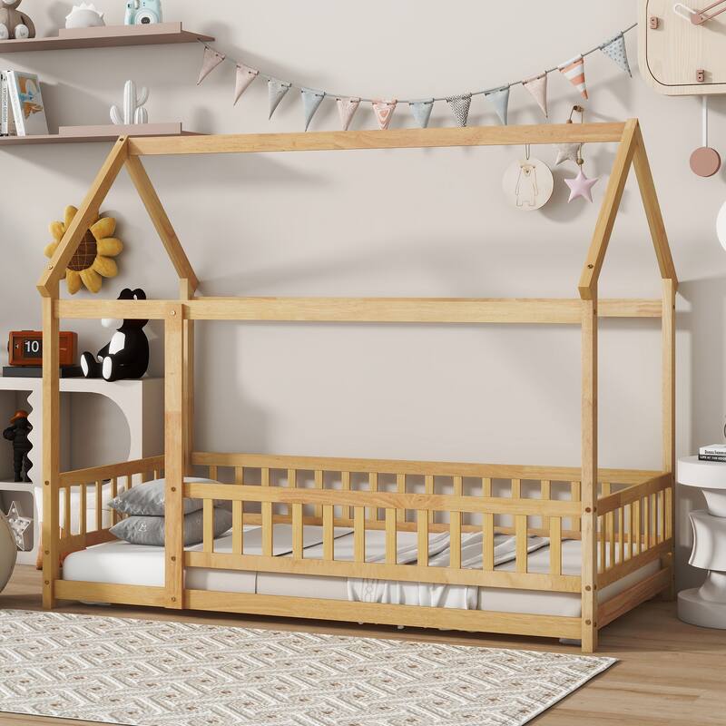 Twin Size House Floor Wooden Bed with Roof Frame,Safety Guardrails