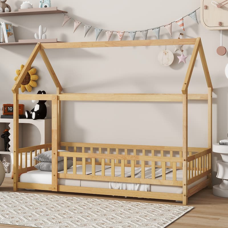 Twin Size Wooden House Floor Bed with Roof Frame, Safety Guardrails, Natural