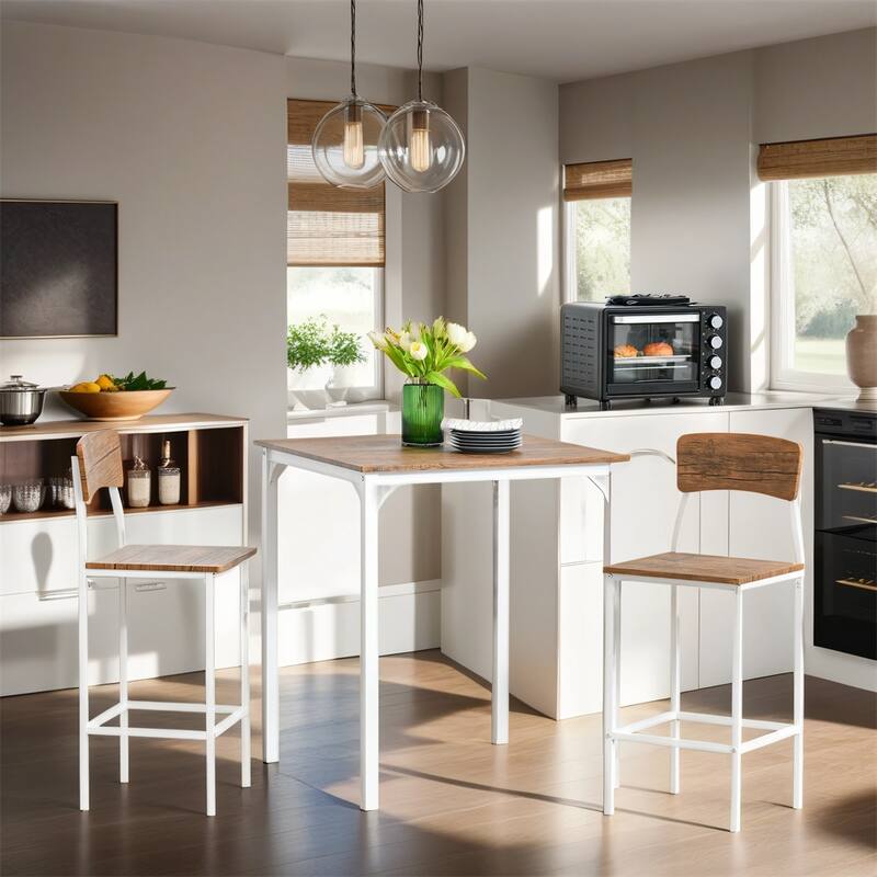 3 Piece Height Dining Bar Table & Chairs Set w/ Steel Legs & Footrests - White