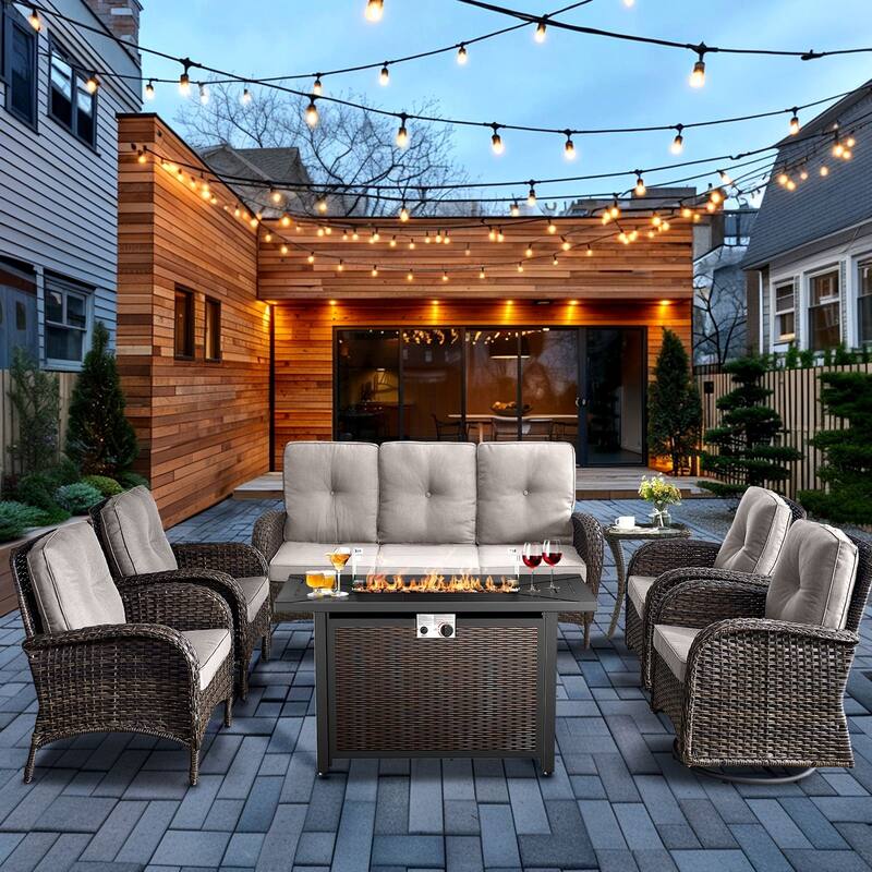 Pocassy Outdoor Fire Pit Conversation Sofa Set - Brwon Wicker Beige Cushion - 7PCS Fire Table w/ Sofa Chair Set