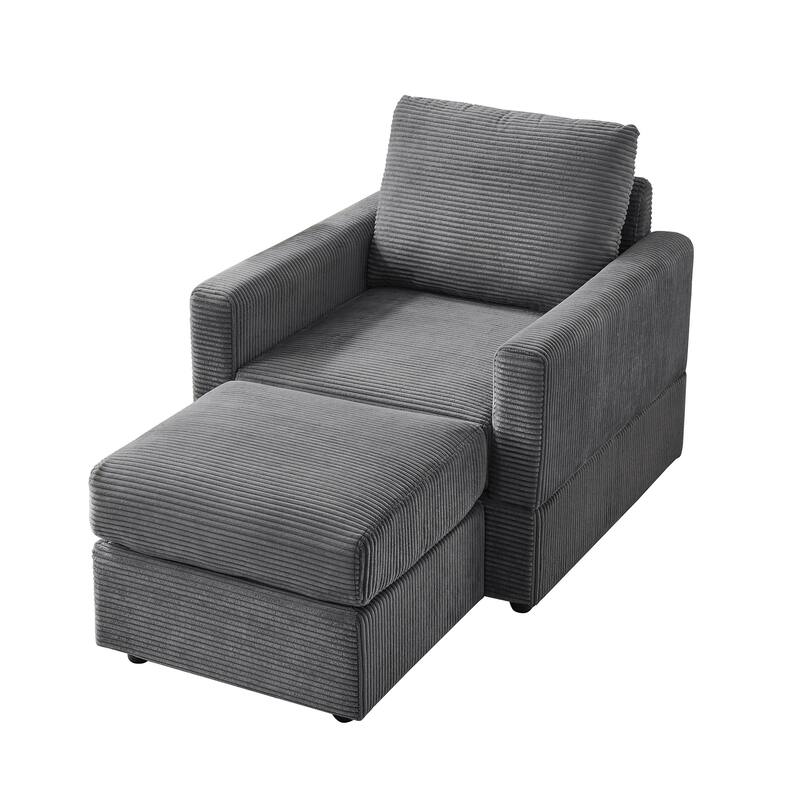 Corduroy Chaise Lounge Set with Ottoman and Adjustable Backrest