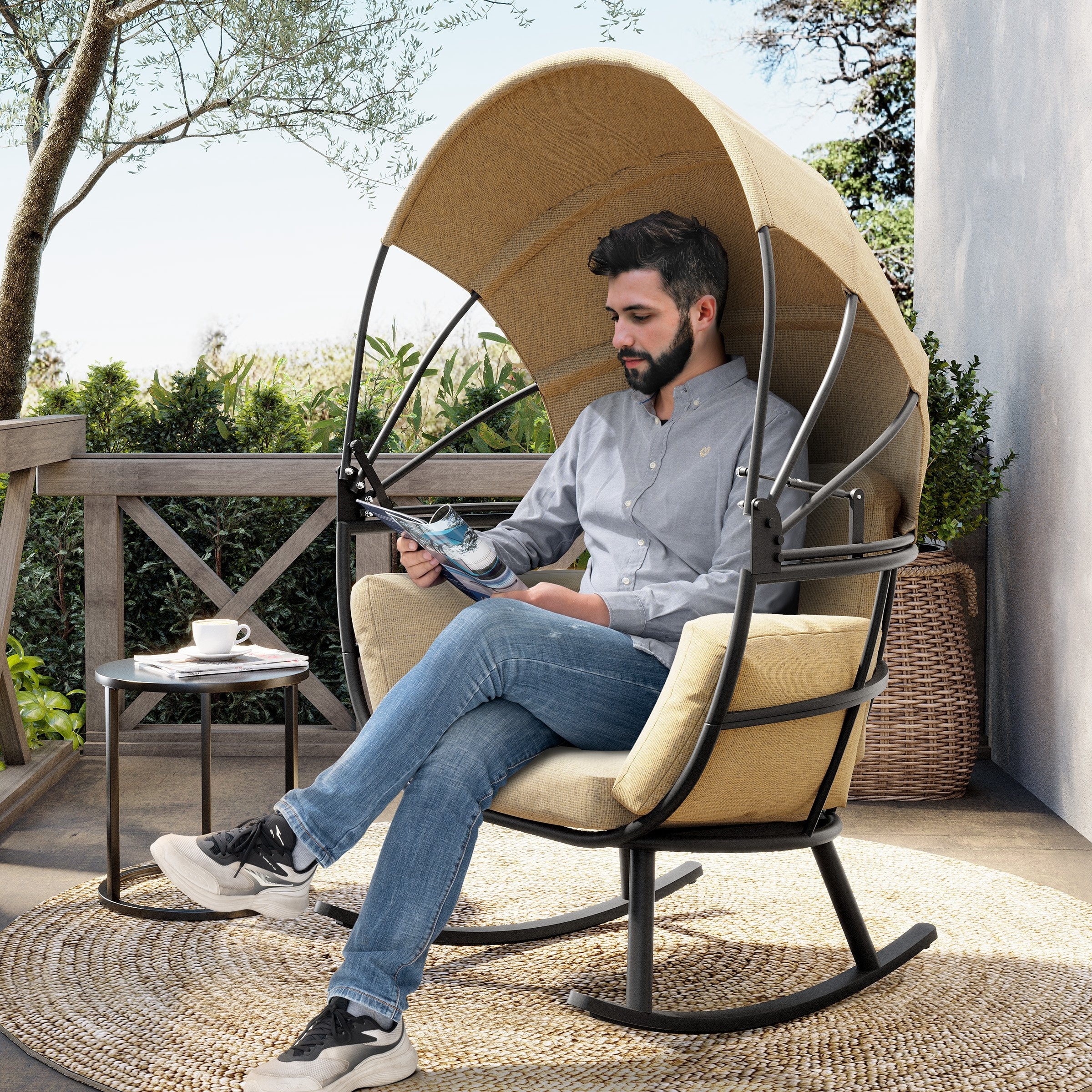 Outdoor Egg Rocking Chair with Foldable Canopy with Cushion by