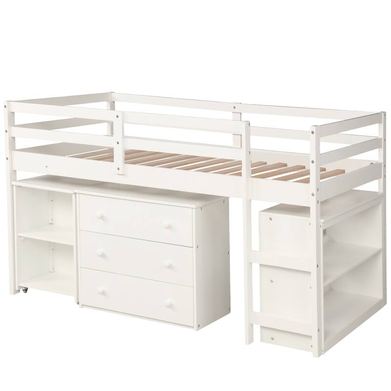 Multiple Functions Low Loft Bed with Cabinet, Shelves and Rolling Portable Desk