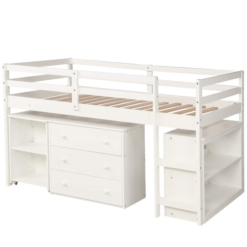 Twin Loft Bed with Cabinet, Rolling Desk, and Storage in White
