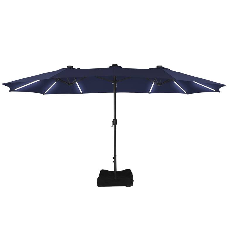15 ft. Crank Double-sided Solar LED Ultra Lighted Outdoor Market Umbrella with Base Included - Navy Blue