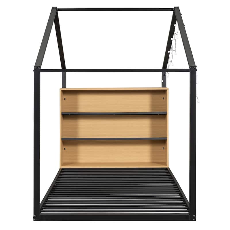 Twin Size Metal Bed House Bed Frame with Shelves and Lights