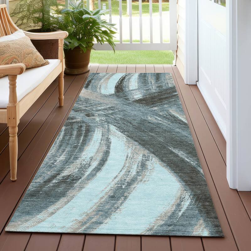 Machine Washable Indoor/ Outdoor Abstract Brushstroke Chantille Rug - Teal - 2'3" x 7'6"