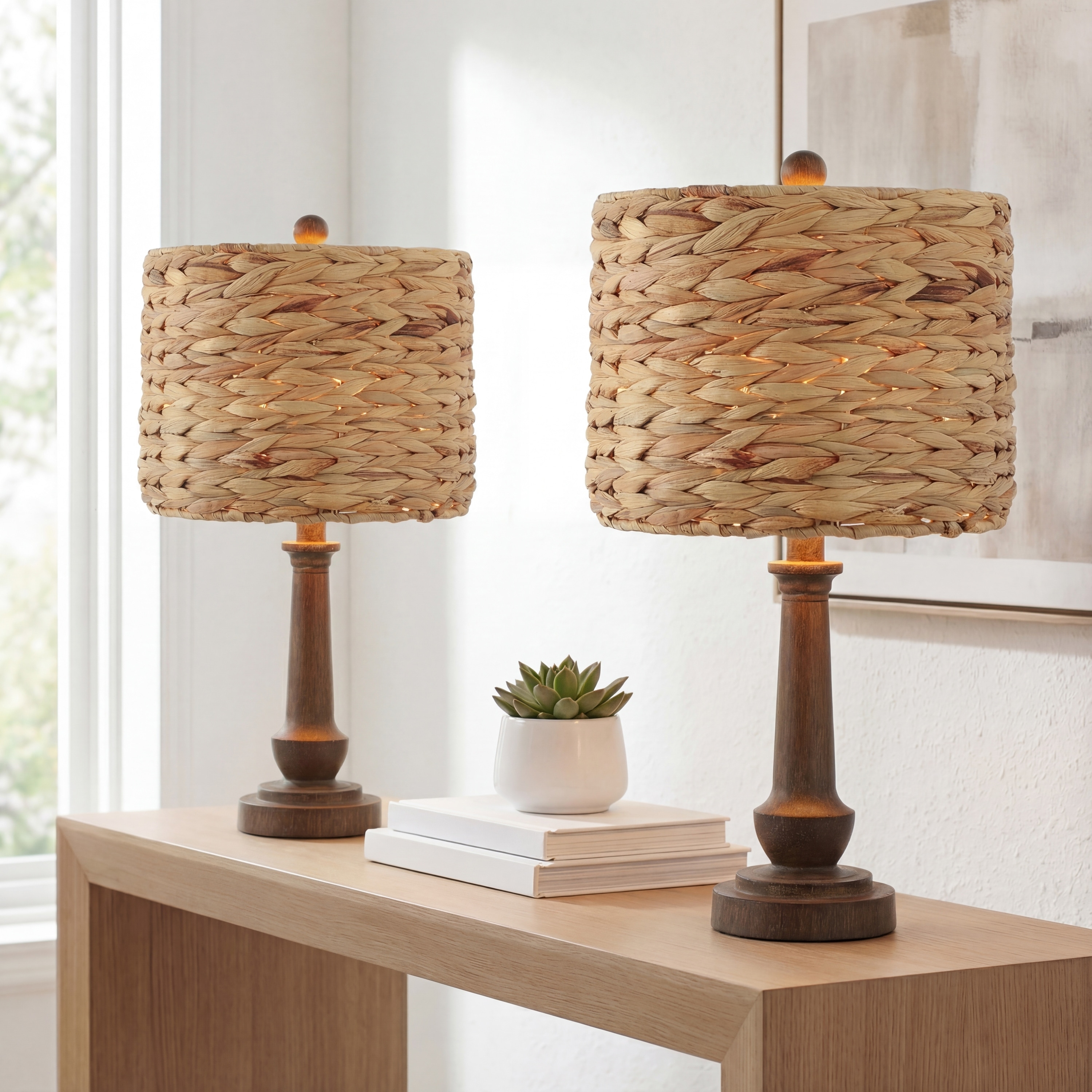 JONATHAN Y Reese 21.25" Rustic Farmhouse Handwoven Rattan/Resin LED Table Lamp, Brown Wood Finish (Set of 2)