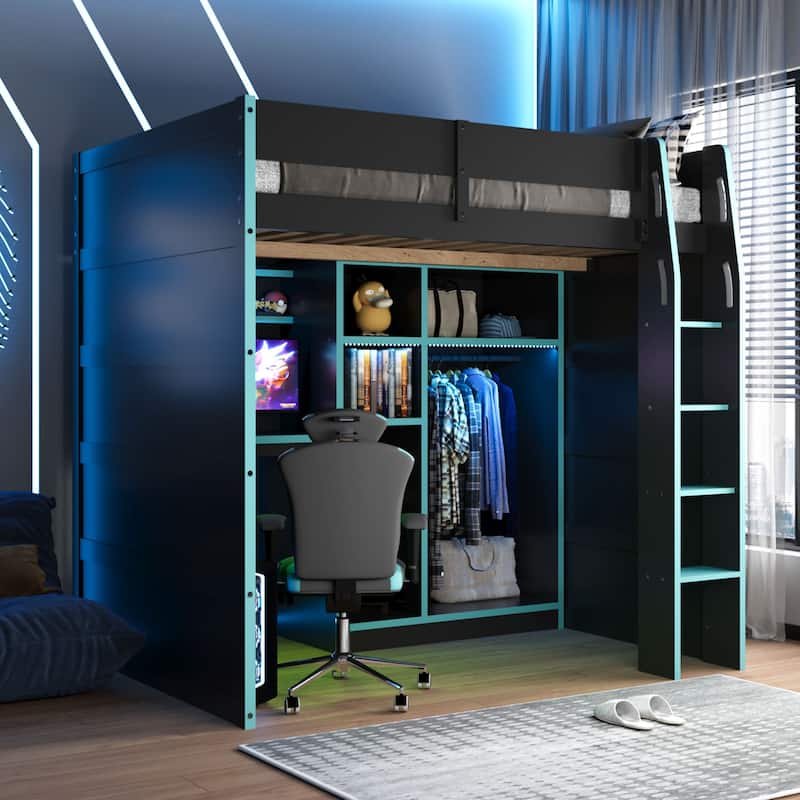 Gaming Loft Bed Full Size Gaming Bed with Desk & RGB Lights