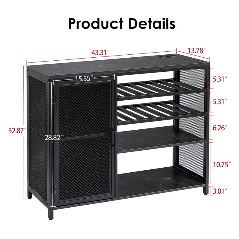 Modern Bar Sideboard Buffet Storage Cabinet with LED Lights and USB Socket, Black Wine Bar Cabinet - 43.31In*13.78in*32.87in