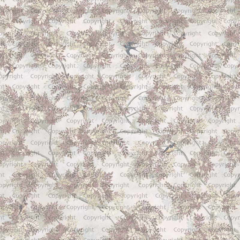 Verdant Canopy with Songbirds Botanical Wallpaper Mural - Pink - W:225" x H:118"