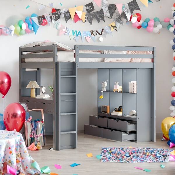 slide 2 of 8, Modern Full Size Loft Bed With Large Shelves,Writing Desk and LED Light Grey