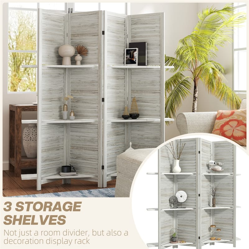 78.75" Wide 5-Panel Foldable Paulownia Wood Room Divider Screen with Built-In Shelves - 78.75" L x 67" H x 0.75" T