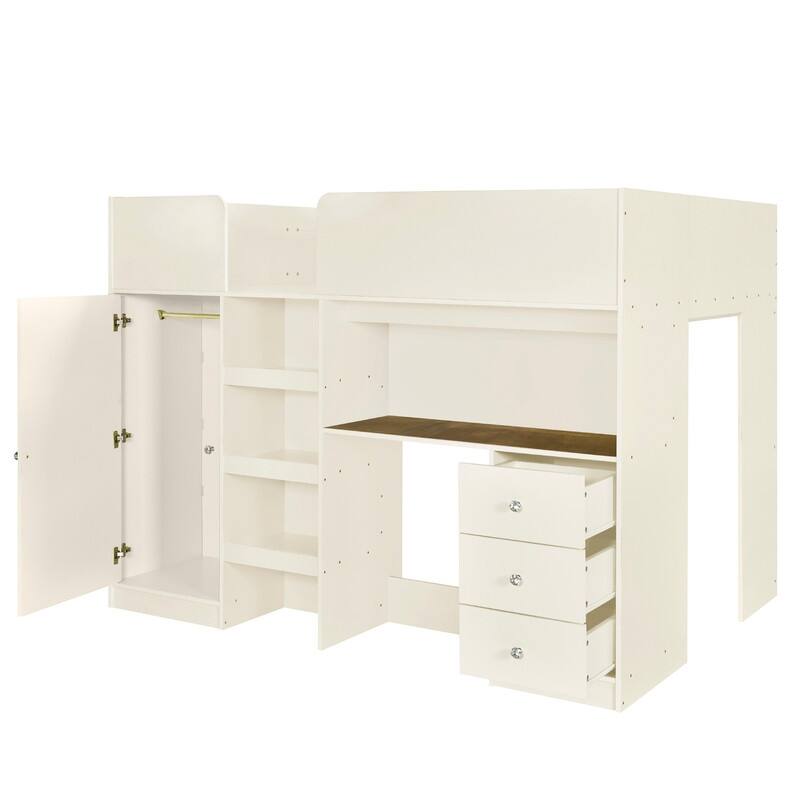 Wood Full Size Loft Bed with Built-in Wardrobe, Multifunctional Bed Frame with Desk, Storage Shelves and Drawers
