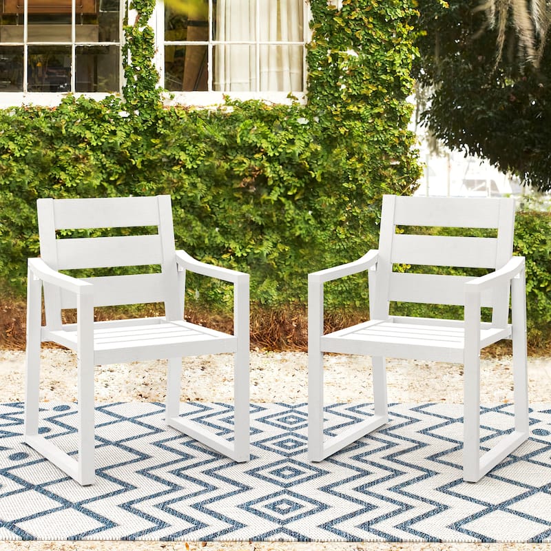 All-Weather Set of 2 Outdoor Armchair with Curved Back Plastic Wood Patio Dining Chair - White