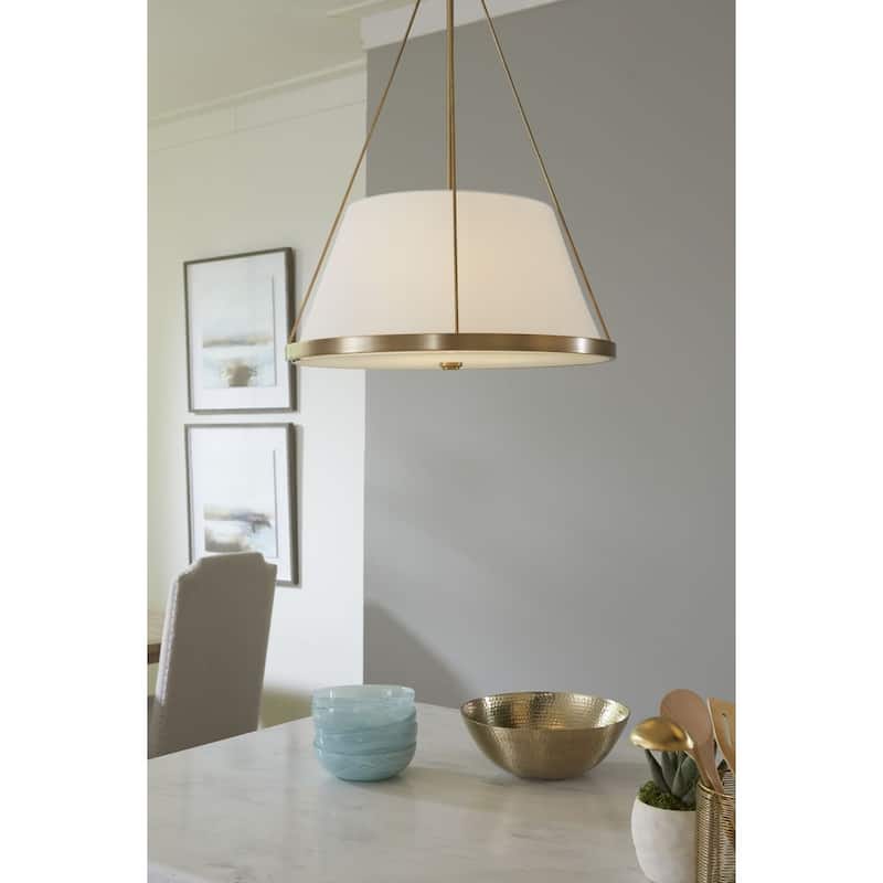 Saffert Collection Three-Light New Traditional Vintage Brass White Linen Glass Pendant Light - 22 in x 22 in x 30 in