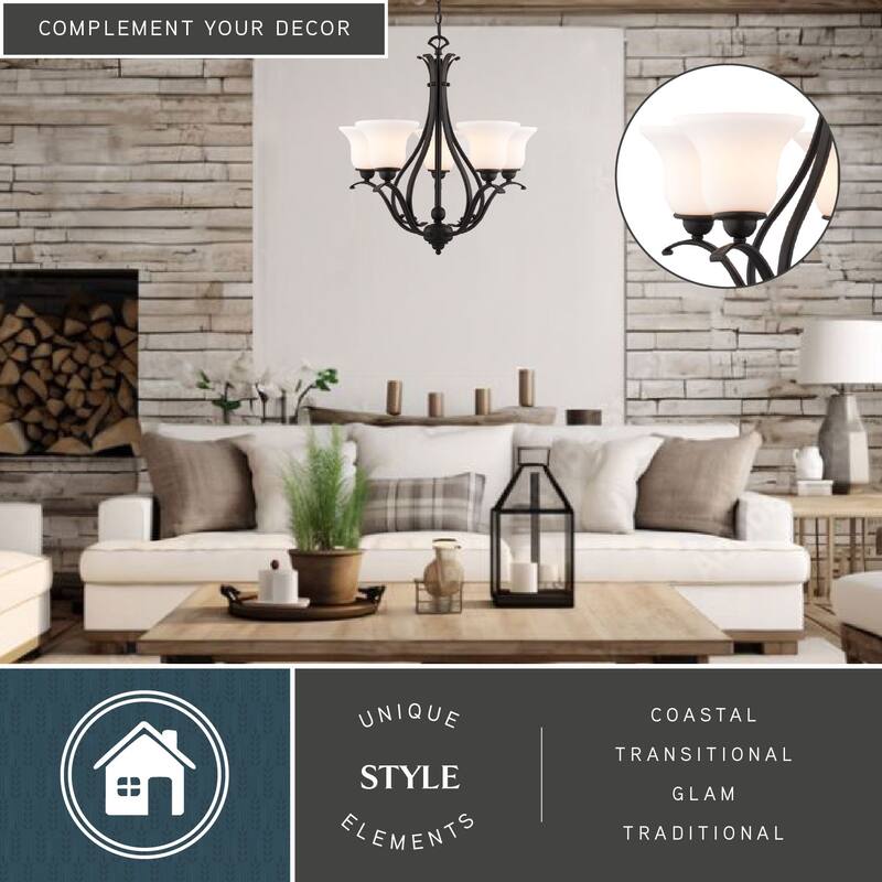 VAXCEL Monrovia 5-Light 26 in. Wide Chandelier with White Glass Shade, Adjustable Height Hanging Ceiling Fixture