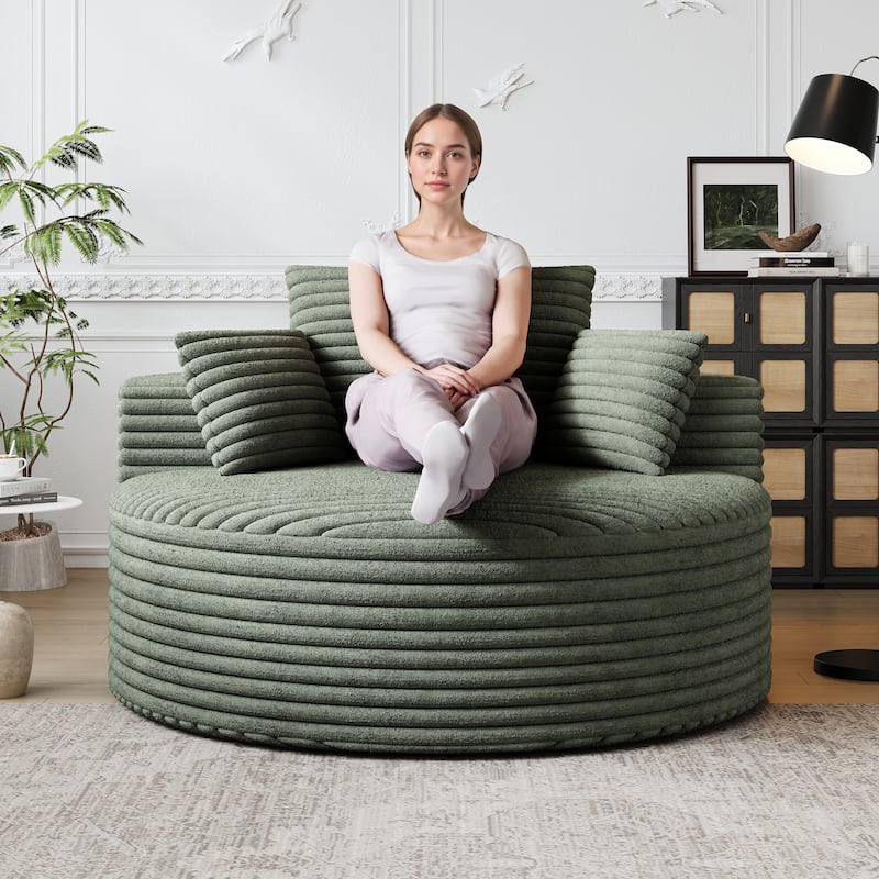 Corduroy Upholstered Single Sofa, Oversized Fluffy Sleeper Chair, Round Reading Chair with Headrest & 2 Pillow