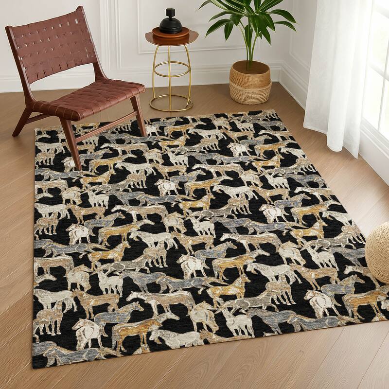 Machine Washable Indoor/ Outdoor Horse Herd Chantille Rug