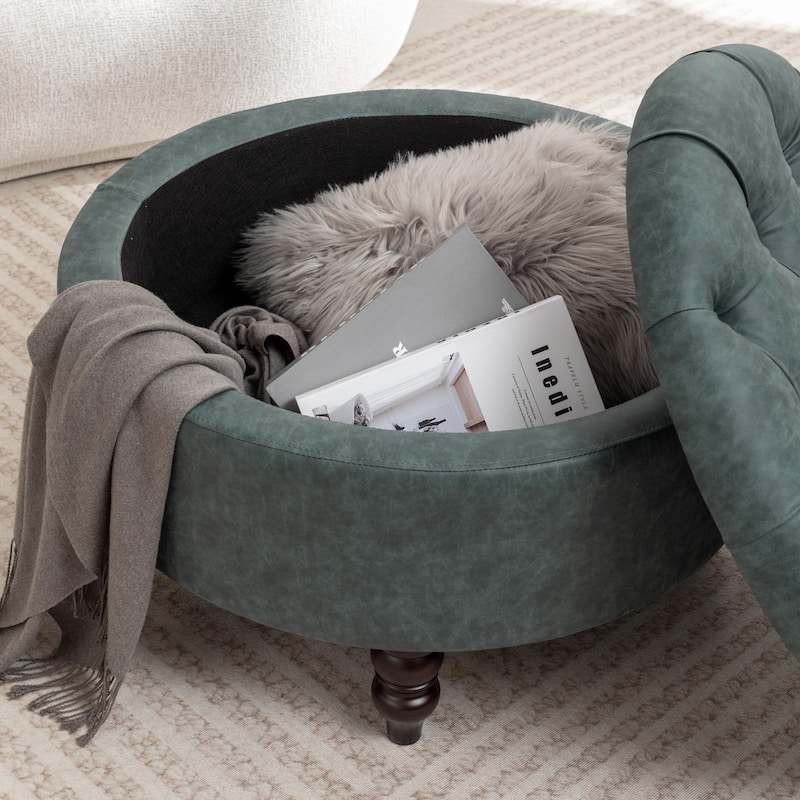 SEYNAR 29.5''Modern PU Leather Round Storage Ottoman with Wood Legs