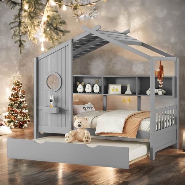 slide 2 of 20, Wooden Twin Size House Bed with Trundle, Modern Design for Kids with Storage Shelf, Gray Grey