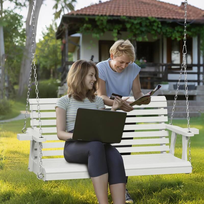 2-Seat Outdoor Wooden Porch Swing Bench with Hanging Chains & Wide Armrests & Cup Holder