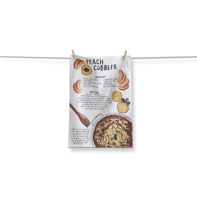 Peach Cobbler Recipe on White Background Cotton Kitchen Dishtowel 26L x 18W in.