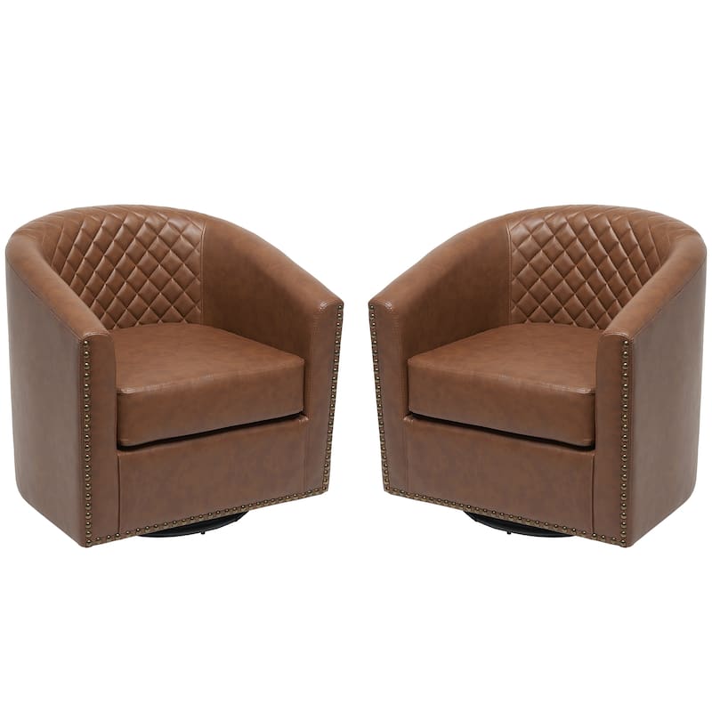 KINWELL 29" Wide Tufted PU Leather Swivel Barrel Chair (Set of 2)