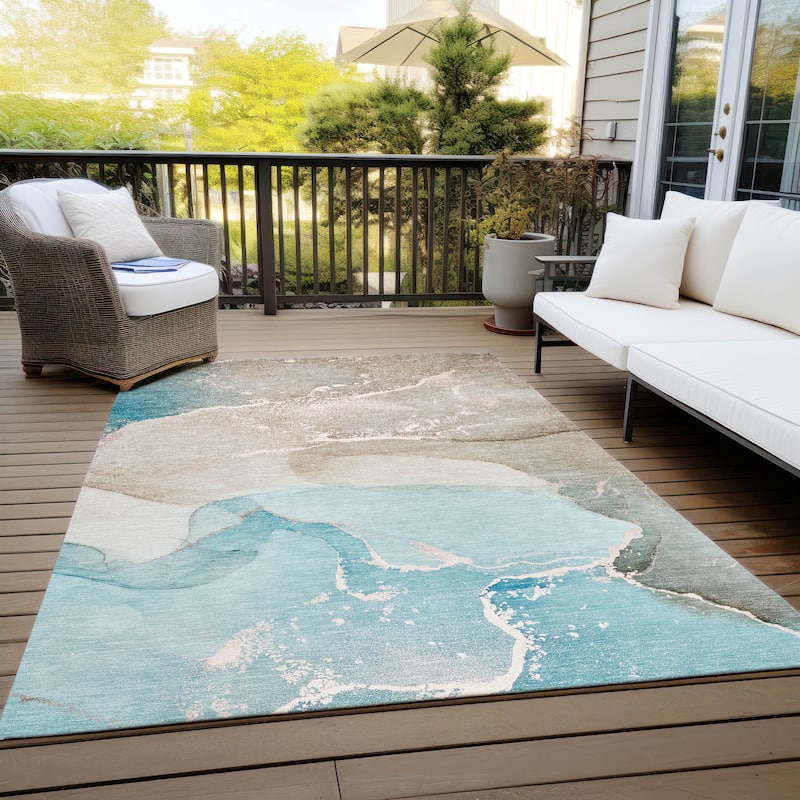 Machine Washable Indoor/ Outdoor Abstract Marble Chantille Rug - Teal - 9' x 12'