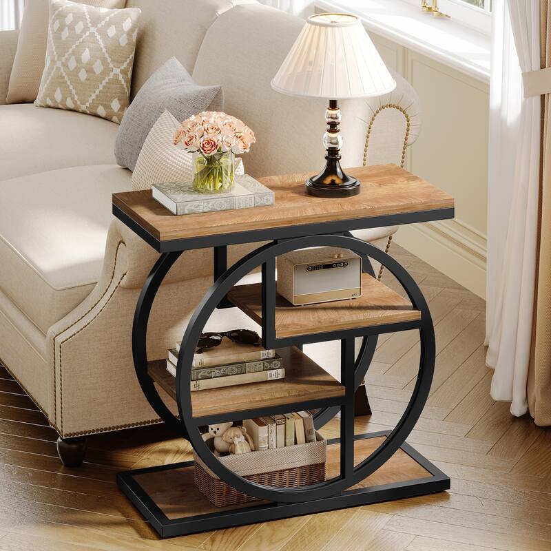 Industrial 4-tier Wood Narrow Side End Table with Storage Shelves