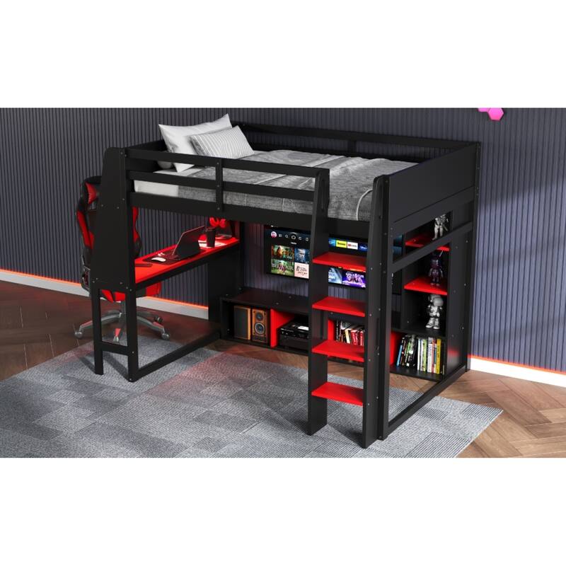 Roomfitters Twin/Full Gaming Loft Bed with Desk, Hanging Rack and LED Lights, Black and Red