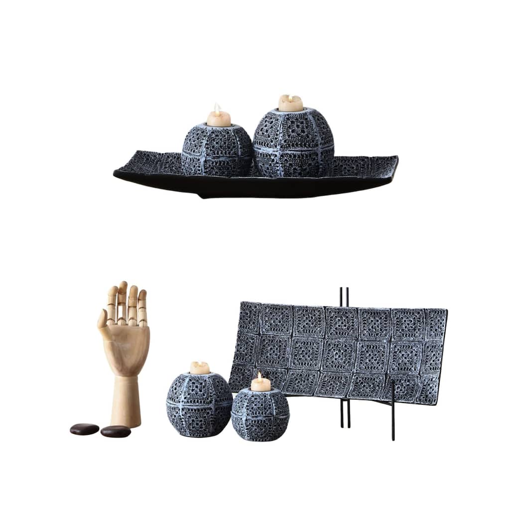 Black Quilted Polyresin Candle Holder Set with Tray Modern Decor