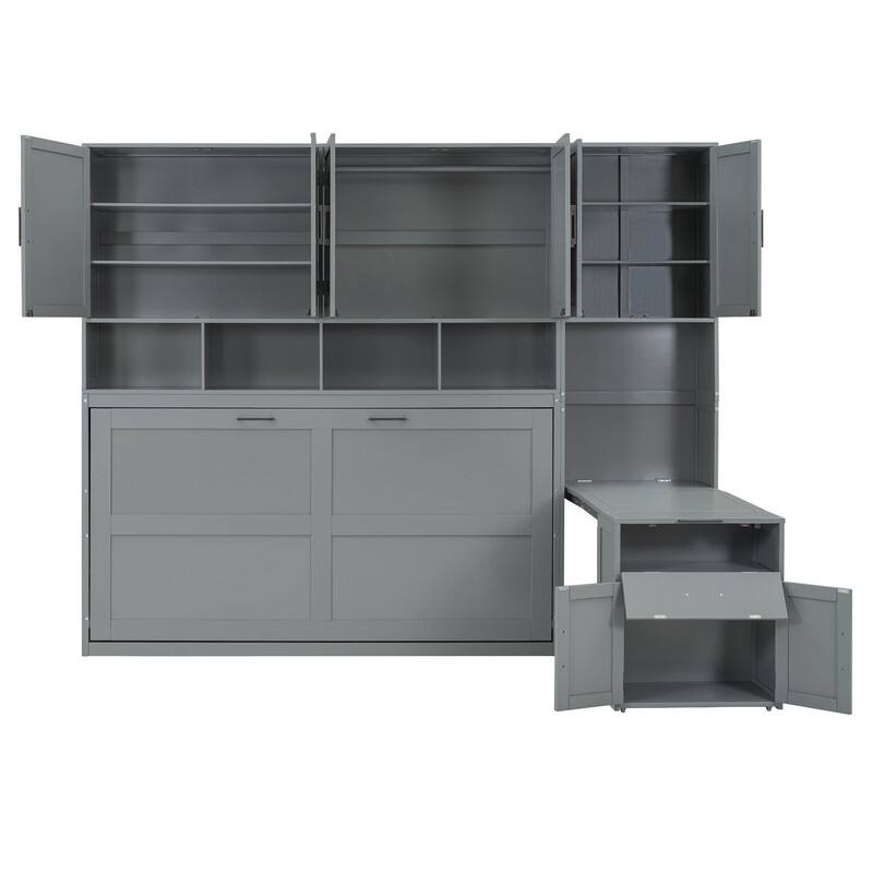 Twin Size Murphy Bed with Closet, Desk and Storage Shelves, Space Saving Design Murphy Bed Cabinet with Open Storage