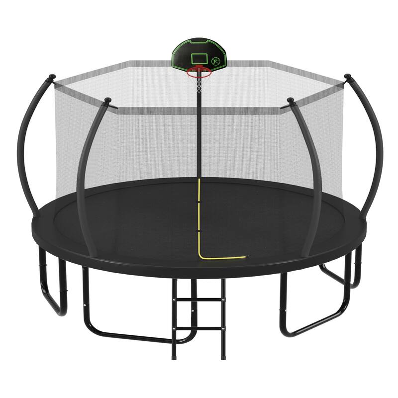12FT Trampoline with Basketball Hoop for Kids and Adults, Round Outdoor Trampoline with Enclosure Net & Curved Poles
