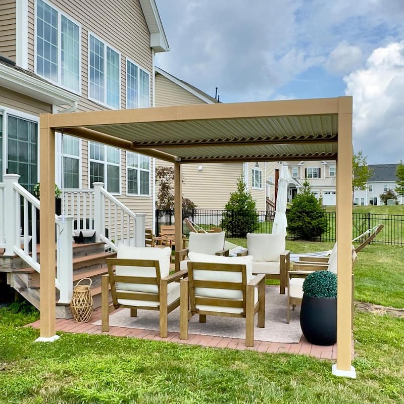 PURPLE LEAF Louvered Pergola Sun Shade Shelter with Adjustable Metal Roof for Patio Hardtop Pergola - 10' x 12' - Wood Grain