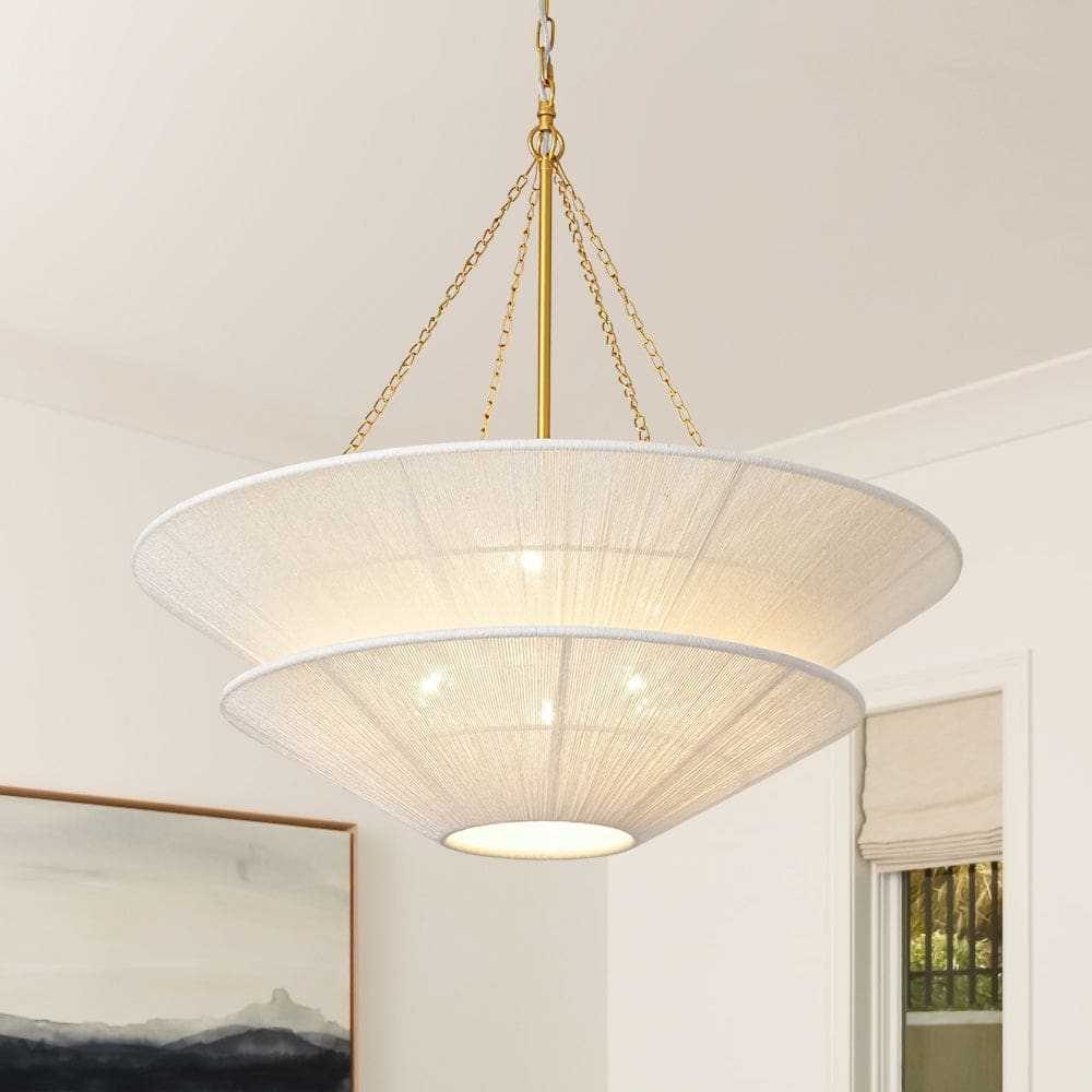 Woven Ivory String 2-Tier Round Shallow Cone Cage Chandelier Brass - 30 Inches