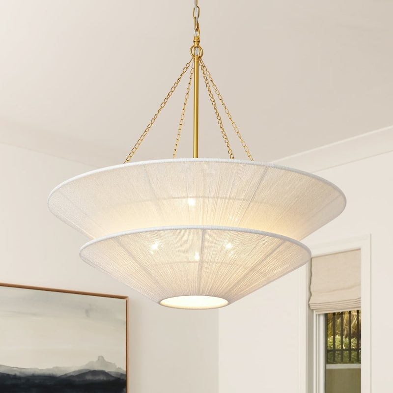 Woven Ivory String 2-Tier Round Shallow Cone Cage Chandelier Brass - 30 Inches - 30 Inches