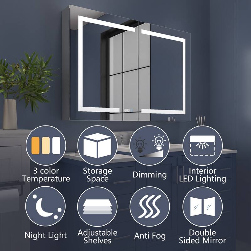 ExBrite 36" x 30" LED Lighted Bathroom Medicine Cabinet with Mirror,Recessed or Surface Mount,Defog