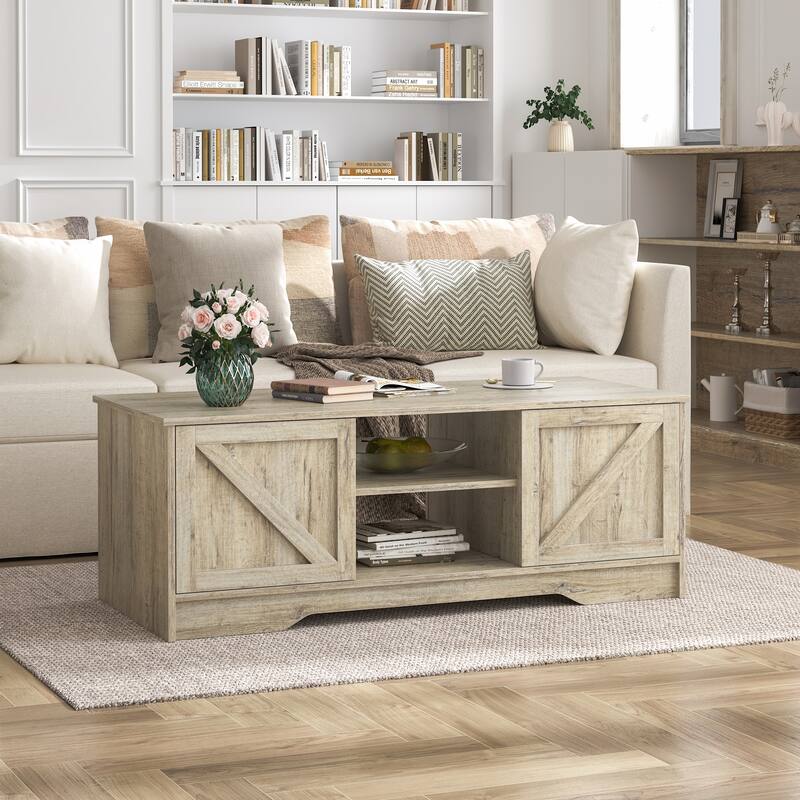 47" Rustic Farmhouse Coffee Table with Storage & Sliding Doors - Light Rustic Oak