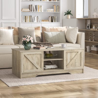 47" Rustic Farmhouse Coffee Table with Storage & Sliding Doors