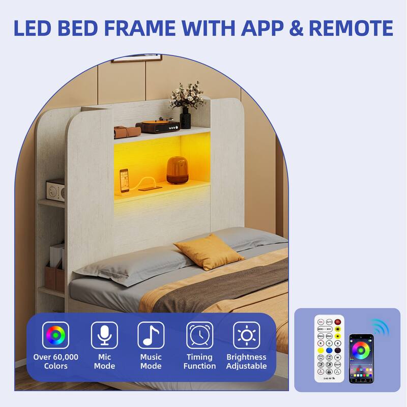 Bed with Trundle, Twin Size Bed Frame with Bookcase Daybed Storage Headboard and Charging Station & RGB LED Lights Bed