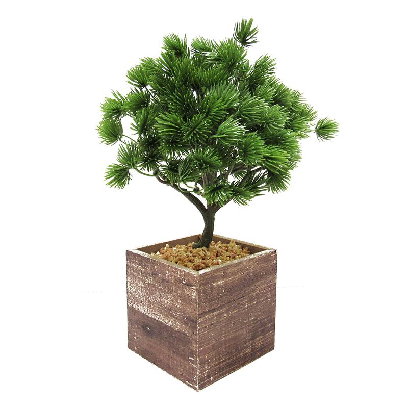 Artificial Desktop Pine Bonsai Tree in Square Wood Pot 10.5in - 10.5" H x 7" W x 7" DP