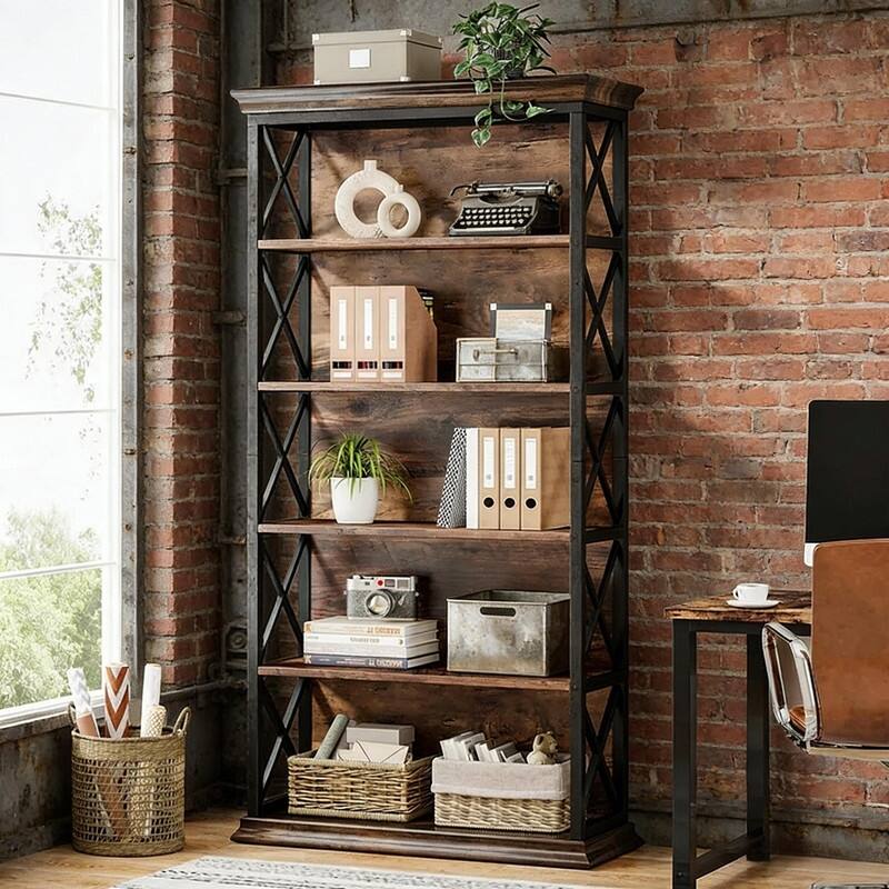 Modern Stylish Bookshelf - Spacious Bookcase Storage Shelf - Black+Brown